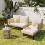 Salon de jardin d?angle - beige - en corde tress�e - avec table - merax - canap� d?ext�rieur moderne ...