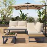 Salon de jardin d?angle beige et gris avec canap� inclinable 5 positions structure acier galvanis� table ...