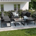 Salon de jardin d?angle en m�tal avec table basse canap� ext�rieur avec coussins gris