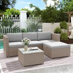 Salon de jardin d?angle en r�sine tress�e kaki avec table basse en verre canap� lounge 3 places avec ...