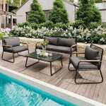 Salon de jardin bas 4 places noir canap� de jardin ext�rieur en m�tal et corde 2 fauteuils table en verre ...