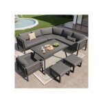 Salon de jardin bas canap� de jardin 8 places arrondi en m�tal gris avec table en verre salon de jardin ...