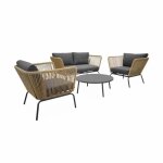 Salon de jardin bas. r�sine tress�e effet corde. coussins anthracites 4 places