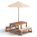 Salon de jardin - bealife - parasol orange anti - uv - 1 table pique - nique enfant bois - 2 bancs bois ...