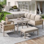 Salon de jardin beige canap� d?angle + fauteuil + banc + table 80x80cm m�tal galvanis� coussins inclus ...