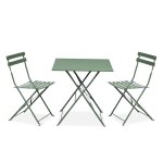 Table de jardin bistrot pliante m�tal + 2 assises vert de gris 70 x 70cm. acier thermolaqu�