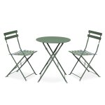 Table de jardin bistrot pliante m�tal + 2 assises vert de gris �60 x 70cm. acier thermolaqu�