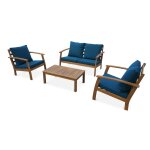 Salon de jardin en bois 4 places - ushuaa - coussins bleu canard. canap. fauteuils et table basse en ...