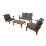 Salon de jardin en bois 4 places - ushuaa - coussins gris. canap. fauteuils et table basse en acacia. ...