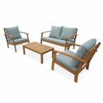 Salon de jardin en bois 4 places - ushuaa - coussins vert de gris. canap. fauteuils et table basse ...