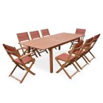 Table de jardin extensible bois deucalyptus + 8 assises en bois deucalyptus huil� et textil�ne terracotta ...