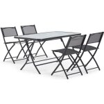 Table de terrasse et 4 chaises pliantes en acier et verre noir
