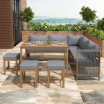 Salon de jardin - canap� dangle modulable - acacia & polyrotin - gris / naturel - r�sistant aux intemp�ries ...