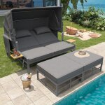 Salon de jardin convertible: bain de soleil double 2 tabourets toit pliable coussins m�tal gris fonc� ...