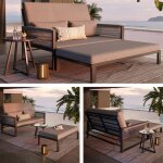 Salon de jardin convertible avec m�ridienne canap� ext�rieur en m�tal avec accoudoirs tress�s table basse ...
