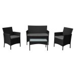 Salon de jardin corfou en r�sine tress�e noire 4 places - coussins gris