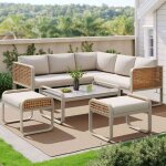 Salon de jardin dangle 8 places en fer et rotin beige ensemble de meubles avec table en verre marbr� ...