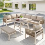 Salon de jardin dangle 8 places en rotin tiss� main structure en fer coussins beige jaune table verre ...