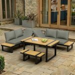 Salon de jardin dangle modulable avec table � manger un banc et 2 canap� 6 personnes - gris + noir
