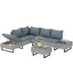 Salon de jardin dangle en r�sine tress�e - outsunny - 5 places m�ridienne r�glable avec table en composite ...