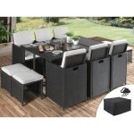 Fira - salon de jardin encastrable 10 places - en rsine tresse - noir avec coussins beiges + housse ...