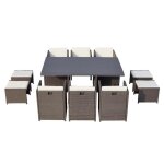 Sunset 10 - salon de jardin encastrable 10 places avec fauteuils et poufs en r�sine tress�e gris et blanc ...