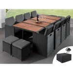 Cuba - salon de jardin encastrable 12 places - en rsine tresse - noir avec coussins gris + housse de ...