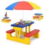 Costway salon de jardin pour enfant table et 2 bancs avec parasol pour pique - nique jusqu� 4 enfants ...