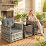 Salon de jardin ext�rieur 3 pi�ces en r�sine tress�e table et 2 fauteuils avec coussins 62x65x75cm gris ...