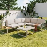 Salon de jardin ext�rieur 5 places ? ensemble table et chaises en rotin vert canap� moderne avec coussins ...