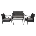 Salon de jardin lipari en r�sine tress�e noir 4 places - coussins gris