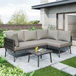 Salon de jardin - langtu - modulable - corde grise tiss�e - coussins 10 cm d�houssables - table verre ...