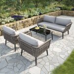 Salon de jardin - langtu - set 4 pi�ces - acier galvanis� - corde pe aspect jonc - table verre tremp� ...