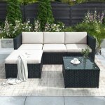 Salon de jardin - langtu - set lounge angle - r�sine tress�e noir - table verre tremp� - coussins 5 cm ...