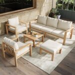 Salon de jardin modenuit avec canap� 3 places 2 fauteuils pouf et table basse en bois et polyester blanc ...