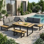 Salon de jardin modenuit avec canap� dangle dossier inclinable et table banc acier et polyester noir ...