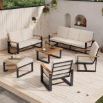 Salon de jardin modenuit avec canap� dossier haut table basse et tabouret acier galvanis� bois et polyester ...