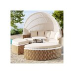 Salon de jardin modulable 2 places avec canap� auvent r�glable table ronde relevable coussins en rotin ...