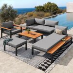 Salon de jardin modulable 8 pi�ces - canap� dangle + tables bois avec rallonge - coussins respirants ...