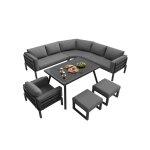 Salon de jardin modulable 8 places gris avec table basse en verre fauteuil 2 poufs coussins �pais et ...