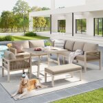 Salon de jardin modulable en l 8 places avec table en verre effet bois coussins 8 cm acier galvanis� ...