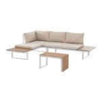 Salon de jardin modulable en aluminium : 2 canap�s et une table basse - blanc avec coussins beiges - ...