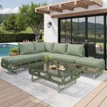 Salon de jardin modulable en r�sine tress�e avec coussins �pais 10cm table basse en verre pieds r�glables ...