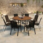 Salon de jardin noumea table ronde plateau verre tremp� effet bois et 8 chaises empilables noir et bois ...