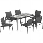 Salon de jardin - outsunny - 7 pi�ces 6 personnes - table effet bois - acier et maille - noir