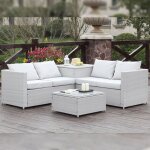Silang gris clair : salon de jardin en résine tressée 4 personnes avec coffre intégré Silang gris clair : salon de jardin en résine tressée 4 personnes avec coffre intégré