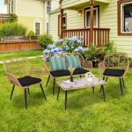 Salon de jardin en rsine tresse 4 places jaune avec coussins noir style exotique