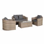 Salon de jardin en r�sine tress�e arrondie 4 places - valentino naturel - coussins anthracite. canap� ...