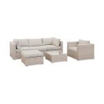 Salon de jardin en r�sine tress�e - caligari - beige. coussins beige - 5 places - 1 fauteuil. 1 fauteuil ...