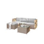 Salon de jardin en r�sine tress�e avec canap� d angle table basse en verre et coussins d�houssables kaki ...